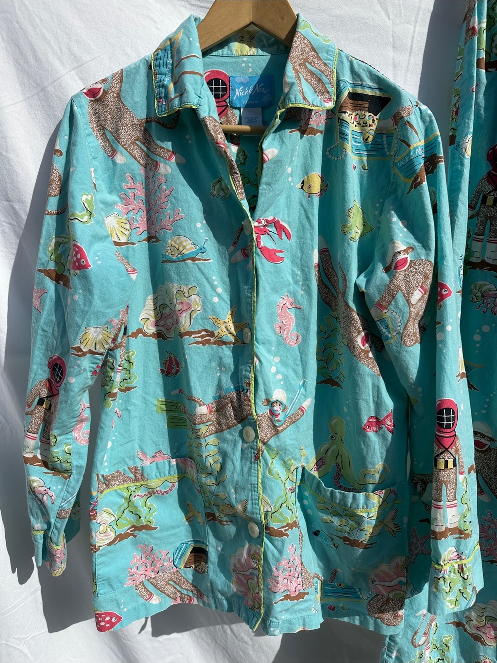 Vintage 2000s Nick & Nora Underwater Scuba Sock Monkey Cotton Pajama Set - Picture 4 of 6